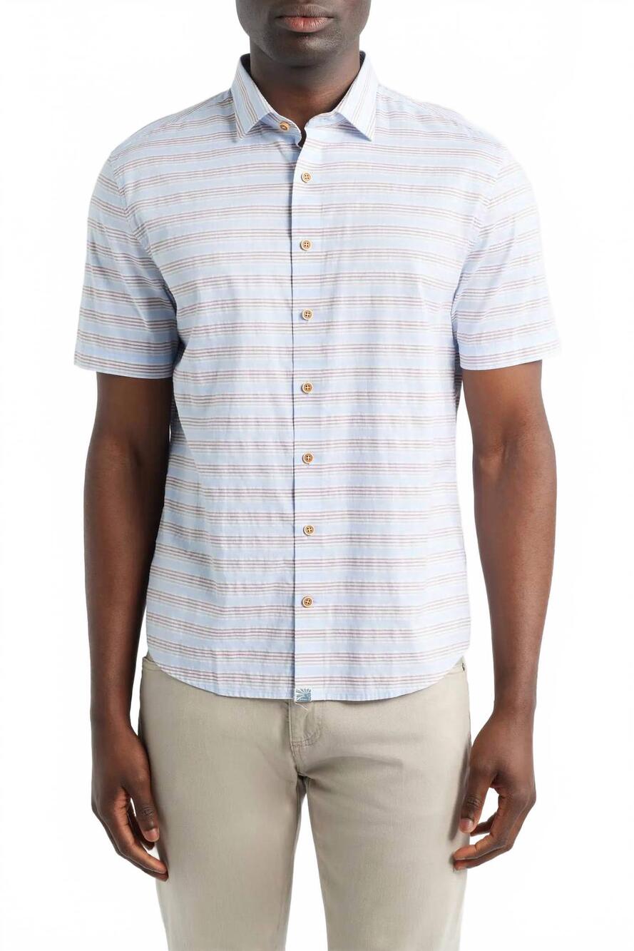 NEW JOHNNIE-O leander stripe short sleeve button-up shirt in gulf blue